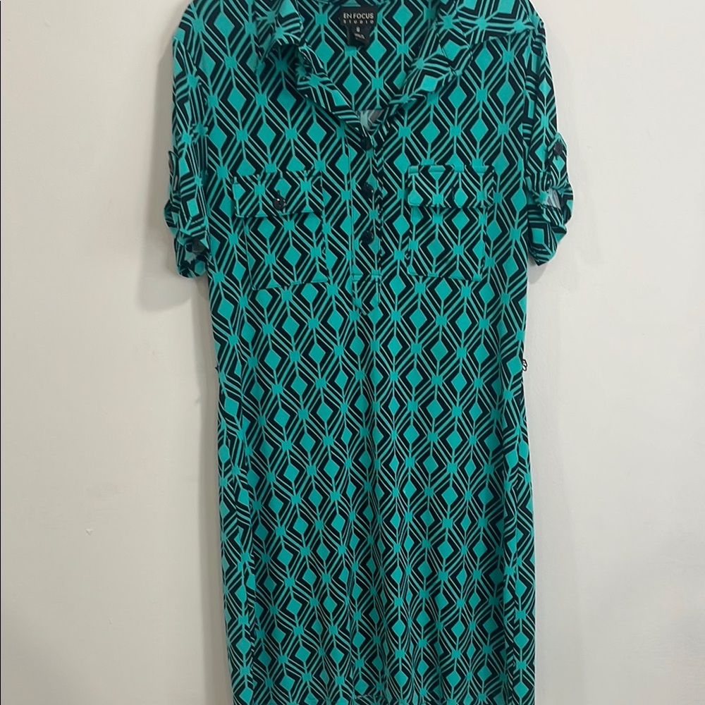 Enfocus Studio Teal and Black Geometric Midi Dress
